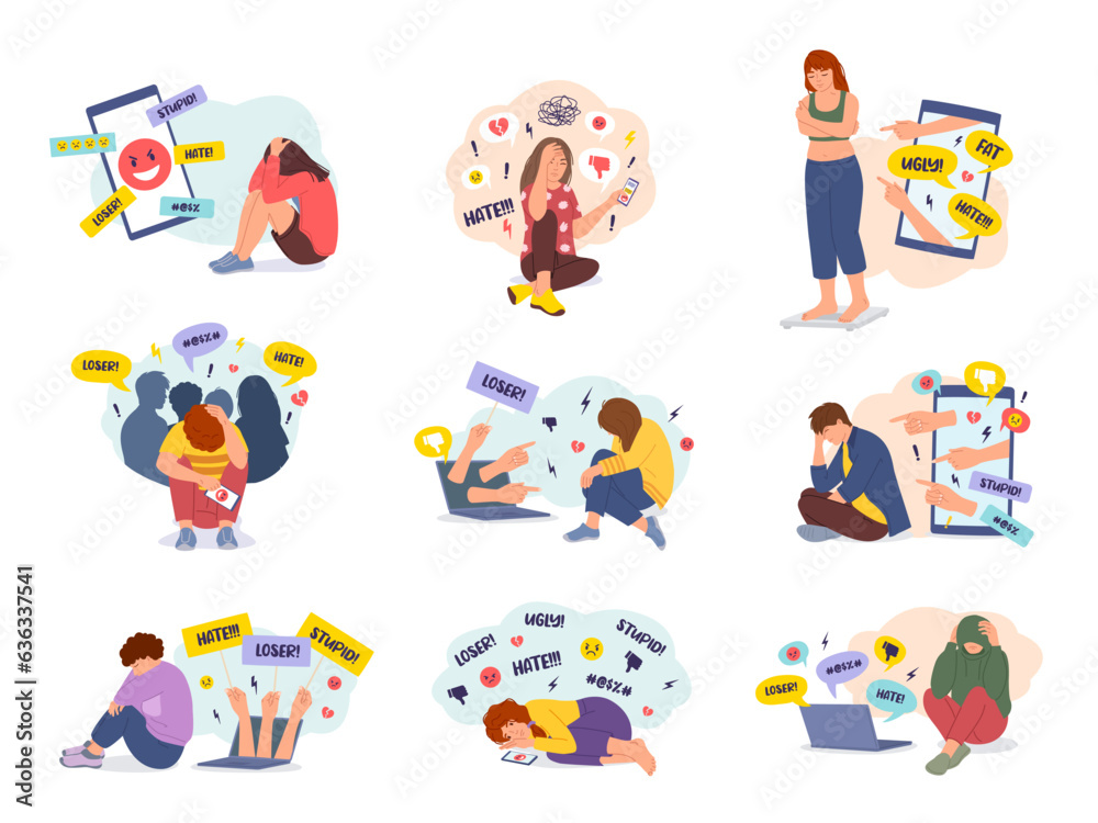 Fototapeta premium Cyberbullying on social networks. Online shaming and hate speech, teenagers upset by bullying vector illustration set