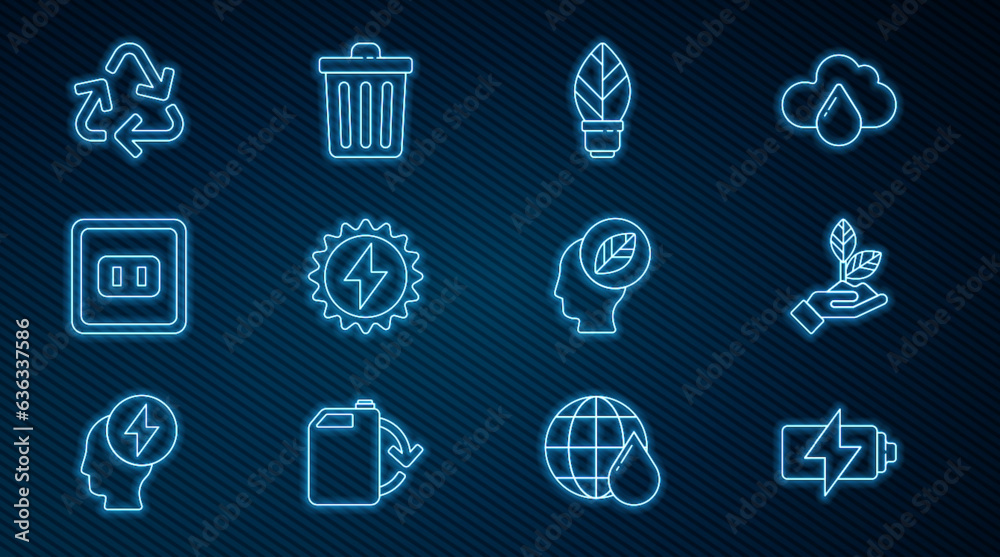 Set line Battery, Plant in hand, Light bulb with leaf, Solar energy panel, Electrical outlet, Recycle symbol, Human head inside and Trash can icon. Vector