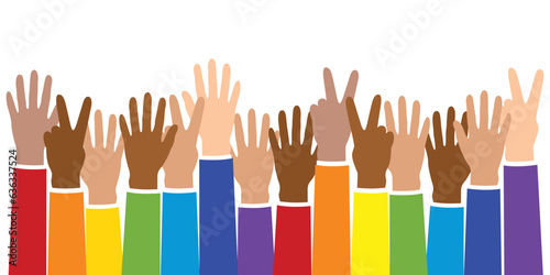 raised hands in different skin colors peace concept isolated vector illustration EPS10