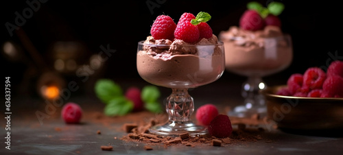 Chocolate mousse with raspberries  photo