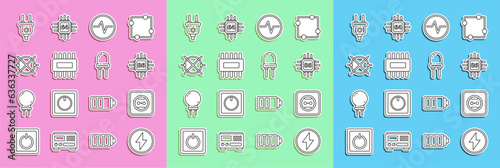 Set line Lightning bolt, Electrical outlet, Processor with microcircuits CPU, scheme, plug and emitting diode icon. Vector