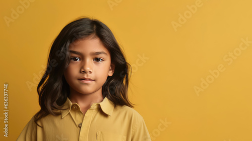 Native American boy, black hair, yellow color theme