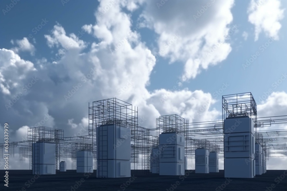 3D rendering of power infrastructure against cloudy sky. Generative AI
