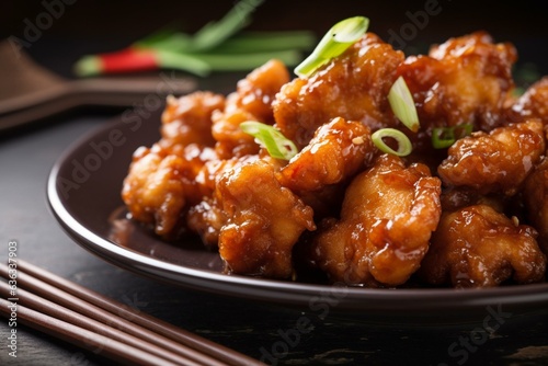 The image showcases a delectable close-up shot of General Tso's chicken, a beloved Chinese delicacy. Generative AI