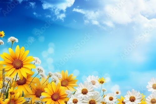 Vibrant spring meadow with daisies and sunflowers under the sky  offering a beautiful view with space for text  seen from above. Generative AI