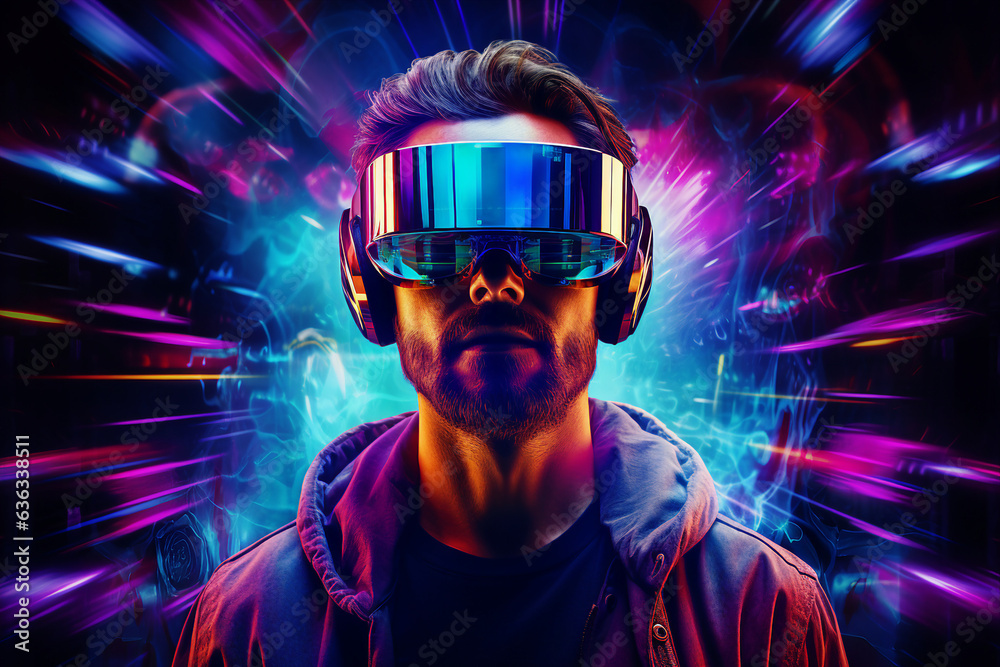 Generative ai collage image picture of person gamer in virtual reality using vr gadget device Generative ai collage image picture of person gamer in virtual reality using vr gadget device