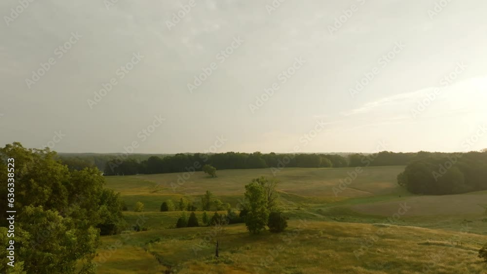 Aerial footage of Pasture at Sunrise in Rural Mississippi