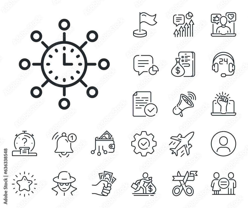 Fototapeta premium Global watch sign. Salaryman, gender equality and alert bell outline icons. World time line icon. World time line sign. Spy or profile placeholder icon. Online support, strike. Vector