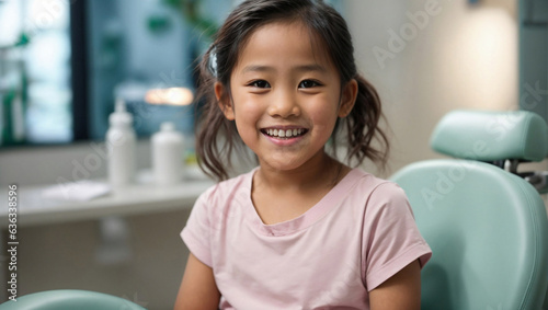 Bambina asiatica sorridente in uno studio dentistico