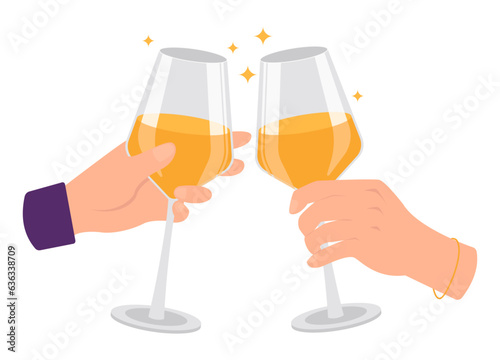 Two hands with glasses of white wine. Cheers!
Vector graphic.