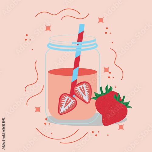 Strawberry juice glass. Healthy organic fresh drink icon. Vector illustration in flat style