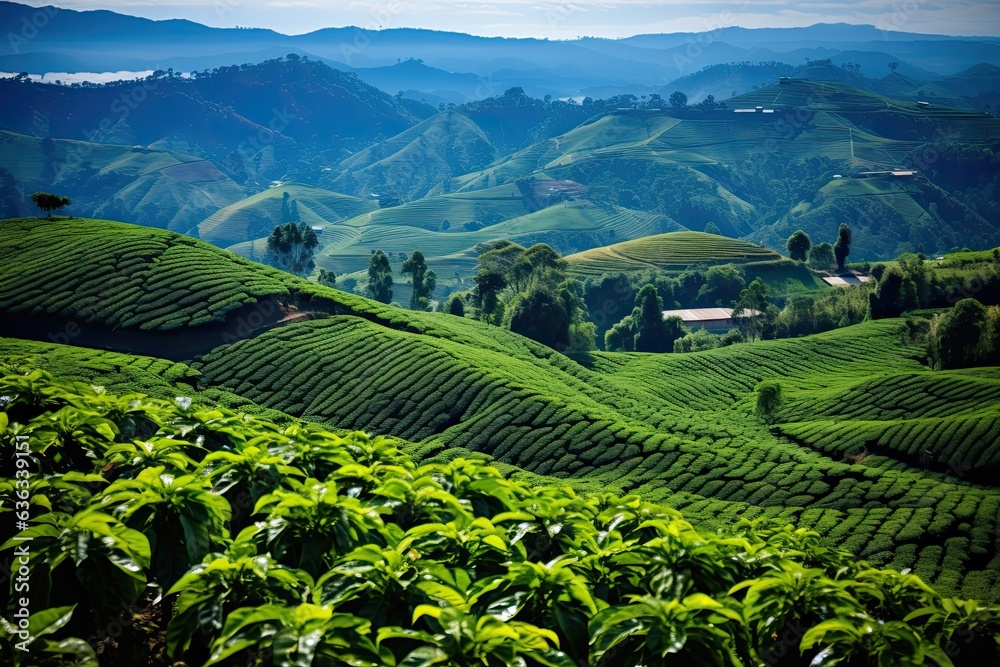 Beautiful View of a Coffee Plantation Landscape in the Green Coffee Triangle of Colombia with Blue Sky Background and Fields of Coffee Plants in Foreground: Generative AI