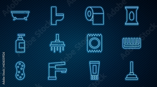 Set line Rubber plunger, Hairbrush, Toilet paper roll, Shower head, Bottle of shampoo, Bathtub, Condom in package safe sex and bowl icon. Vector