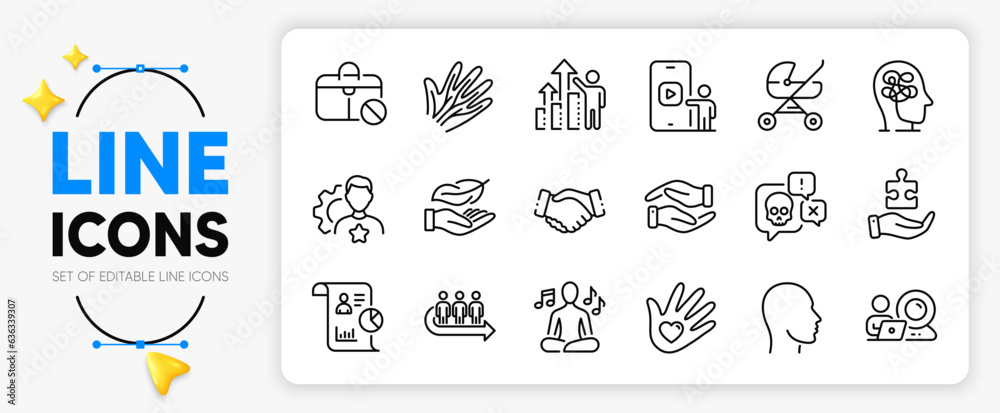 Report, Brand and Video conference line icons set for app include Queue, Lightweight, Baby carriage outline thin icon. Social responsibility, Puzzle, Handshake pictogram icon. Vector