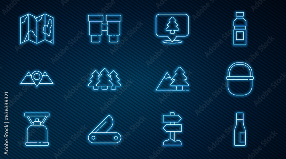 Set line Bottle of water, Camping pot, Location the forest, Forest, mountains, map, Mountains with tree and Binoculars icon. Vector Set line Bottle of water, Camping pot, Location the forest, Forest, mountains, map, Mountains with tree and Binoculars icon. Vector
