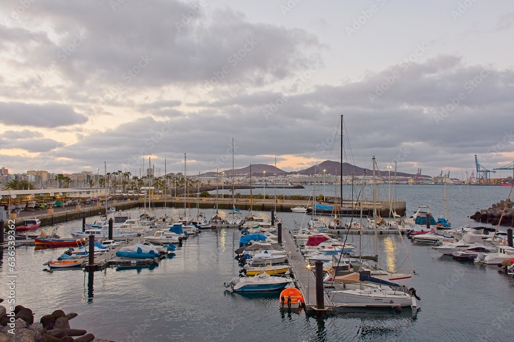 Boats in the harbor during sunset at Big Canary Sports Dock (Muelle Deportivo de Las Palmas), Las Palmas de Gran Canaria, Spain