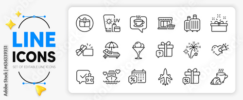 Coffee, Fireworks and Ice cream line icons set for app include Coffee break, No handbag, Puzzle outline thin icon. Secret gift, Plane, Discounts calendar pictogram icon. Honeymoon cruise. Vector
