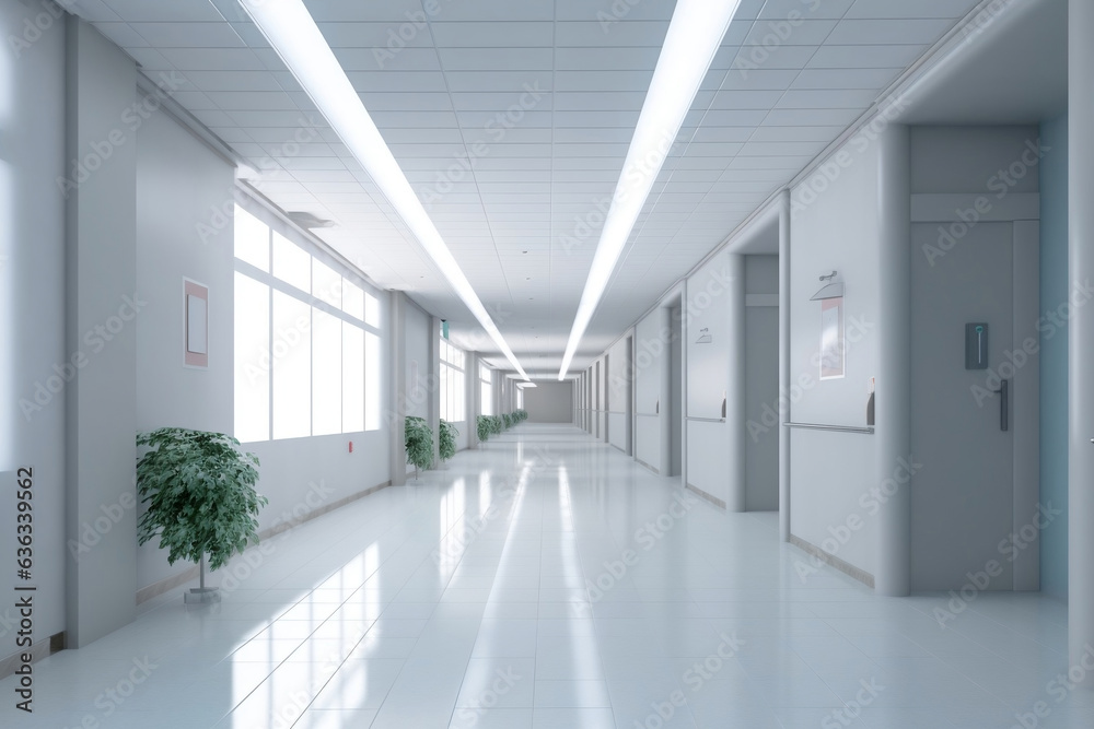 Hospital corridor, interior of modern hospital hallway, hygiene and hi-tech science lab, no people workplace background.