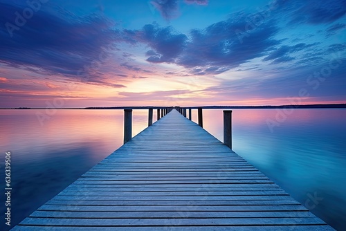 Blue Lake Sunset with Twin Wooden Piers Reflecting in the Calm Water  Relaxing Beachscape with Horizon and Architectural Design Elements
