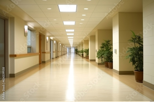 Hospital corridor, interior of modern contemporary hospital hallway in beige color, clean and no people healthcare background.