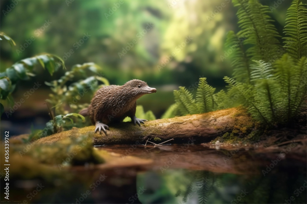 Fototapeta premium Cute little duckling on a branch in the forest. Animal in nature.
