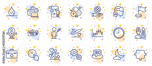 Outline set of Patient, Waterproof and Software line icons for web app. Include Phosphorus mineral, Time, Manual doc pictogram icons. Speaker, Thermometer, Work signs. Augmented reality. Vector