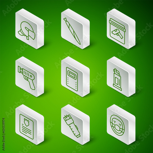 Set line Doctor pathologist, Police electric shocker, helmet, assault shield, Marijuana joint, The arrest warrant and Pepper spray icon. Vector