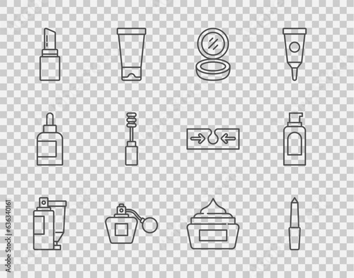 Set line Cream or lotion cosmetic tube, Nail file, Makeup powder with mirror, Perfume, Lipstick, Mascara brush, and Spray can for hairspray icon. Vector