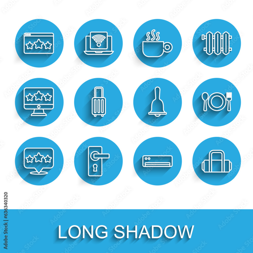 Set line Five stars rating review, Door handle, Air conditioner, Suitcase, Plate, fork knife and Hotel service bell icon. Vector Set line Five stars rating review, Door handle, Air conditioner, Suitcase, Plate, fork knife and Hotel service bell icon. Vector