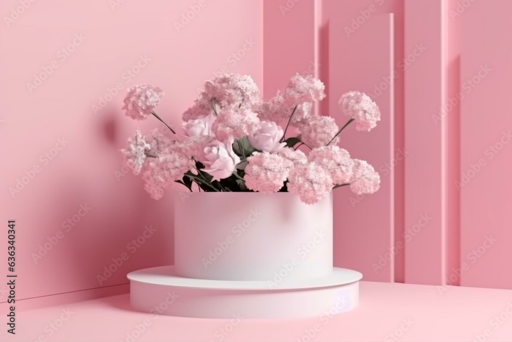 3D-rendered product display podium adorned with blooming flowers against a pink backdrop. Generative AI