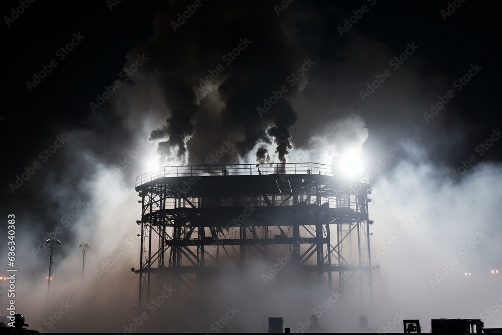 Elevated stage engulfed in smoke. Generative AI