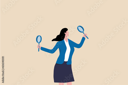 Magnifying Glass Woman, business analysis, smart businesswoman analyst holding magnifying glass analyzes, woman holding a magnifying glass, woman researching.