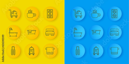 Set line Suitcase, Bathtub with shower, Towel on hanger, Hotel room bed, Lift and Coffee cup icon. Vector