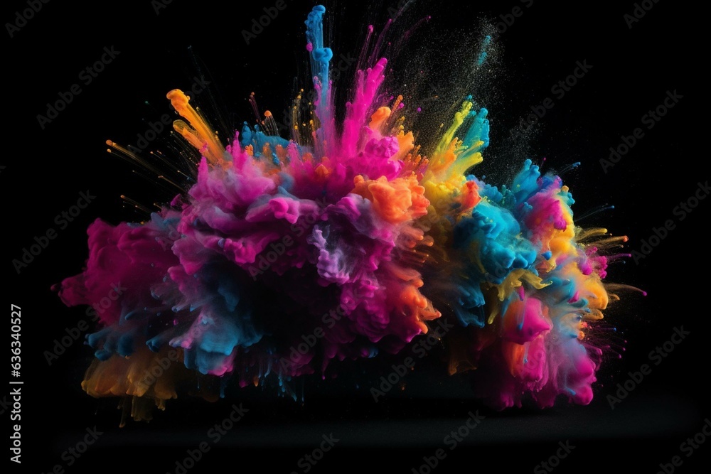A colorful explosion of paint on a black background. Generative AI
