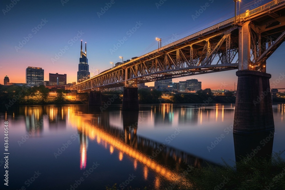 Evening view of Nashville's skyline and iconic John Seigenthaler pedestrian bridge. Generative AI
