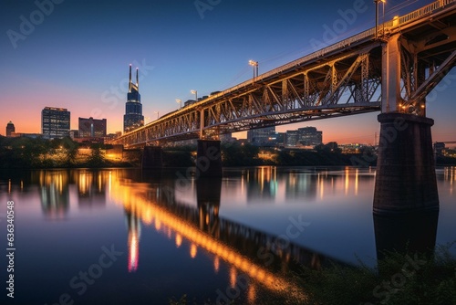 Evening view of Nashville's skyline and iconic John Seigenthaler pedestrian bridge. Generative AI
