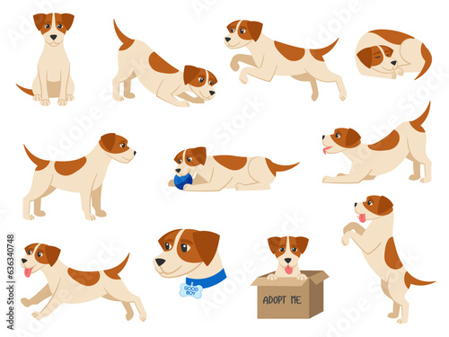 Cartoon dog. Playful beagle pup pet sits, runs, sleeps and plays with ball. Good boy vector illustration set