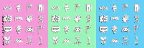 Set line Golf club, flag, Award cup with golf, Glasses, course layout, ball in water and icon. Vector