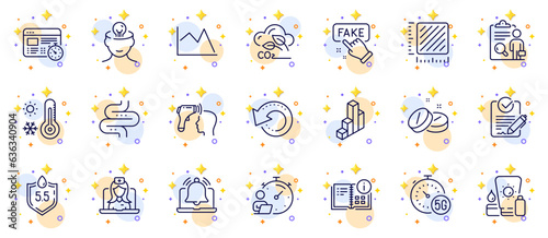 Outline set of Sunscreen, Ph neutral and Fake information line icons for web app. Include Instruction info, Timer, Medical tablet pictogram icons. Web timer, Intestine, Reminder signs. Vector