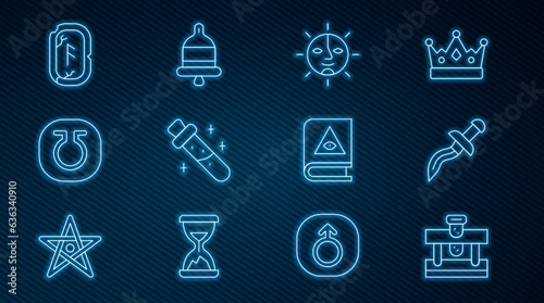 Set line Bottle with potion, Dagger, Sun, Life, Magic runes, Ancient magic book and Ringing alarm bell icon. Vector