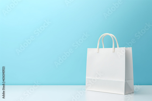 White shopping bag on blue background. Online shopping concept