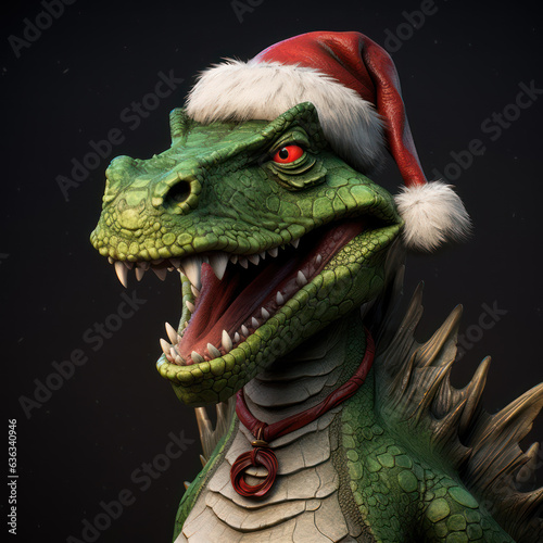 Green dragon in a red Santa Claus hat. Mythical fantasy animal. Symbol of the new year 2024. © solidmaks