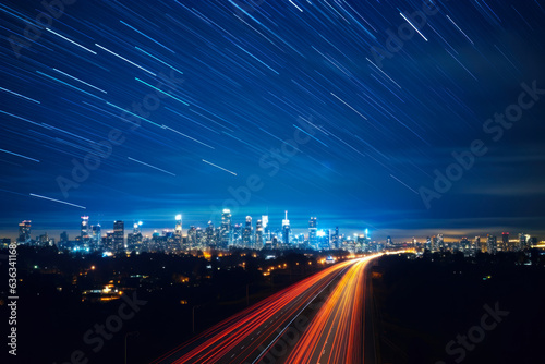 city night glowing road landscape on shutter speed. generative ai