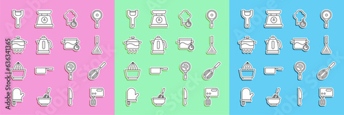Set line Electric mixer, Kitchen whisk, Barbecue spatula, Chef hat, kettle, Cooking pot, Vegetable peeler and icon. Vector