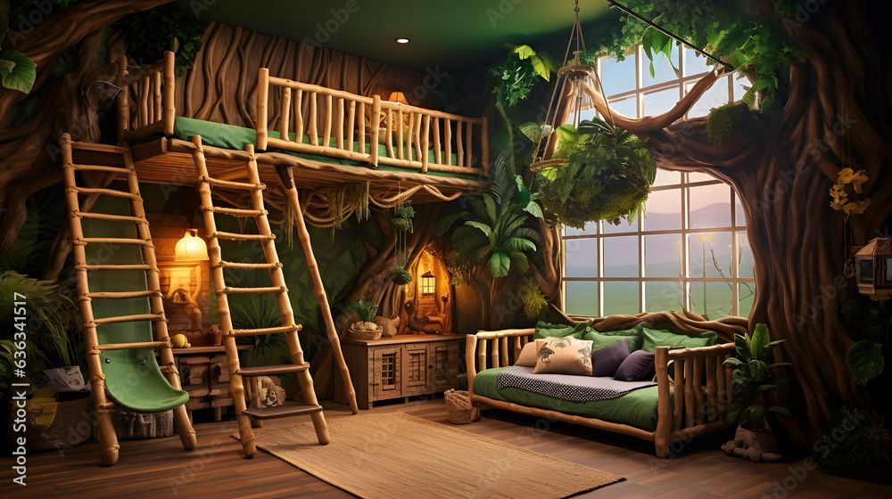 Witness the wonder of a kids' room with this mesmerizing image. A jungle-themed design brings the wild outdoors indoors, with a treehouse bunk bed and animal-themed décor.