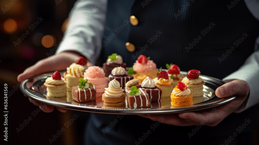 close-up of the waiter's hands holding a tray with assorted desserts generative ai