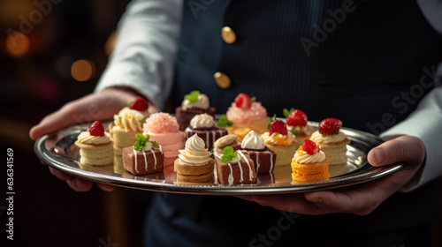 close-up of the waiter s hands holding a tray with assorted desserts generative ai