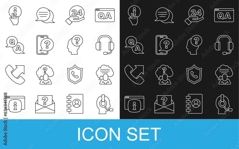 Set line Man with a headset, Speech bubble chat, Headphones, Telephone 24 hours support, Question and Answer, Information and question mark icon. Vector Set line Man with a headset, Speech bubble chat, Headphones, Telephone 24 hours support, Question and Answer, Information and question mark icon. Vector