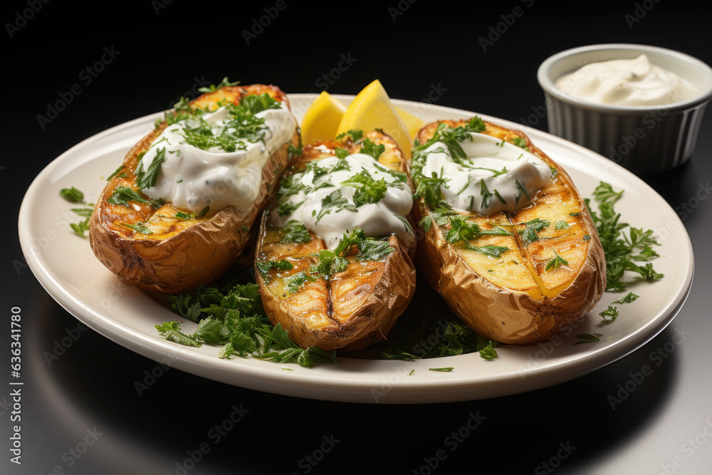 baked potatoes on a white plate with sour cream
