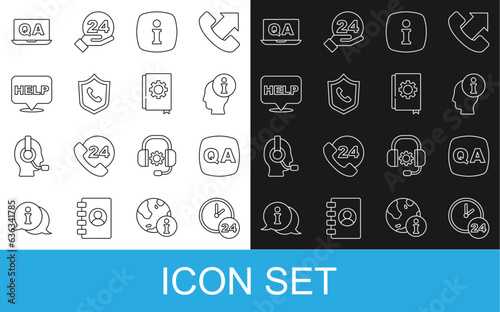 Set line Clock 24 hours, Question and Answer, Information, Telephone support, Speech bubble with text Help, and User manual icon. Vector